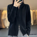Women's Oversized Wool Zip Cardigan with High Neck and Pockets - Black