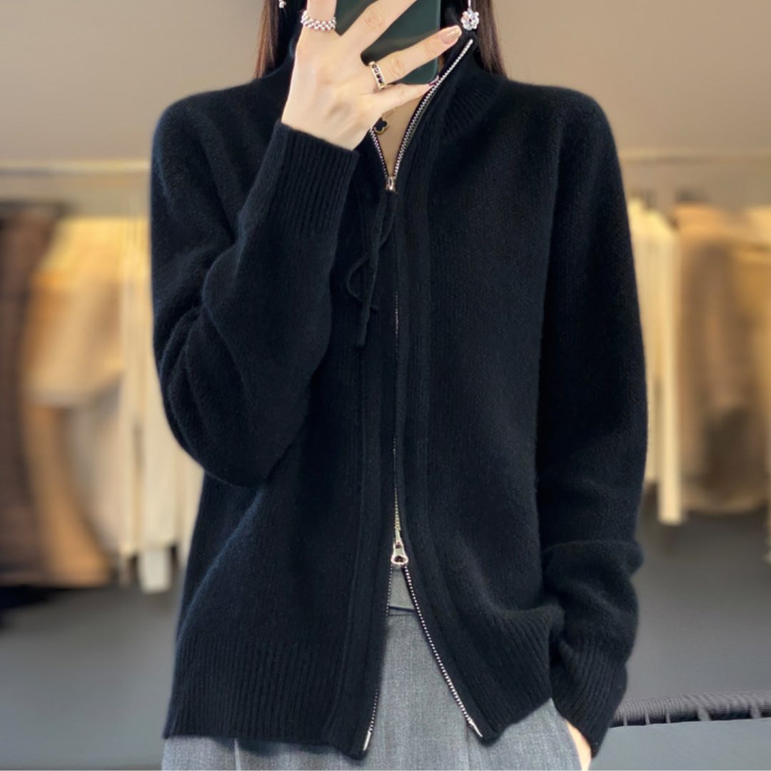 Women's Oversized Wool Zip Cardigan with High Neck and Pockets - Black