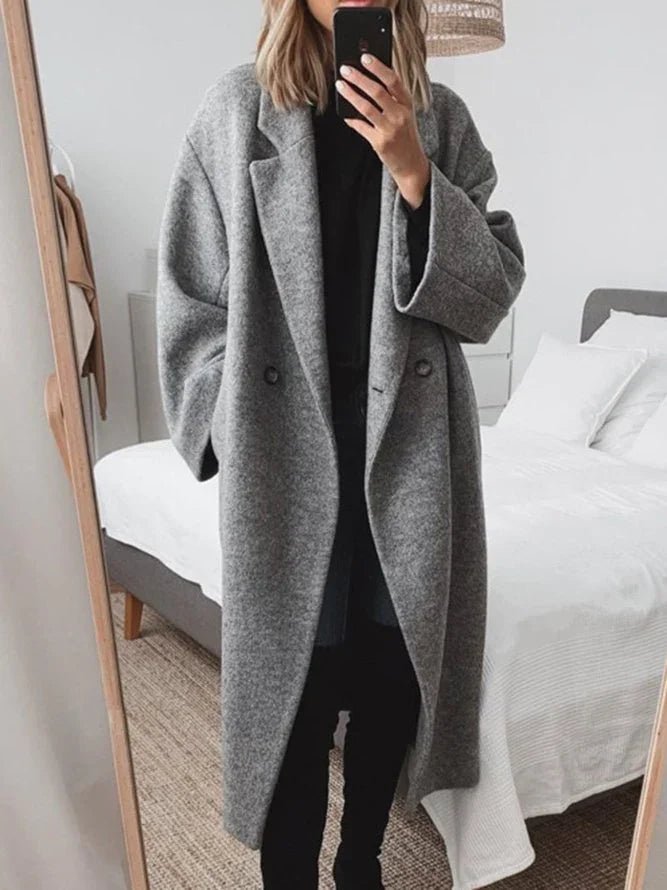 Women's Long Cotton-Style Overcoat with Relaxed Tailoring - Gray