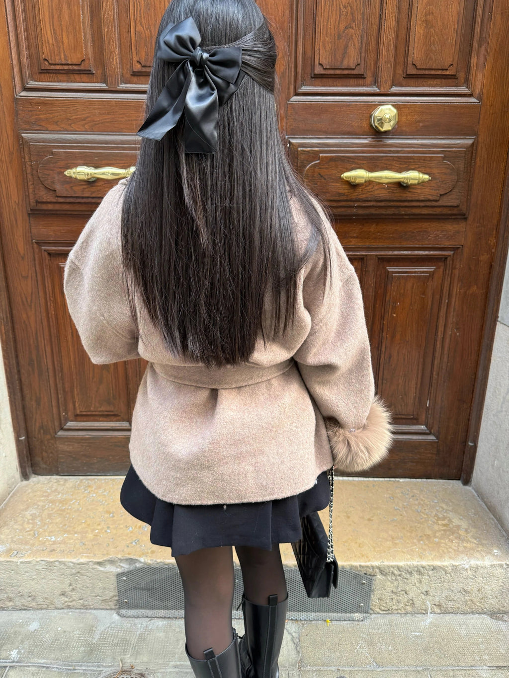 Women's Faux Fur-Cuffed Coat with Waist-Cinching Belt