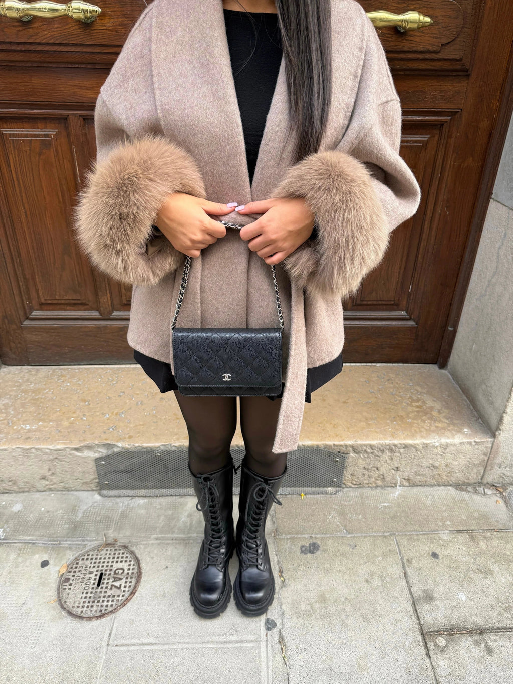 Women's Faux Fur-Cuffed Coat with Waist-Cinching Belt - Brown