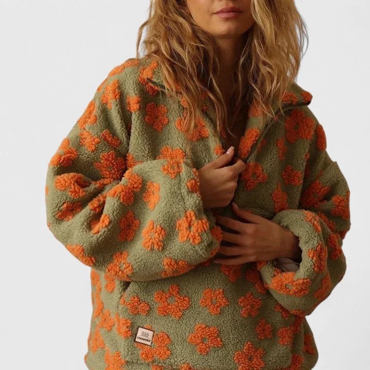 Women's Long-Sleeve Floral Teddy Jacket with Half-Zip Collar