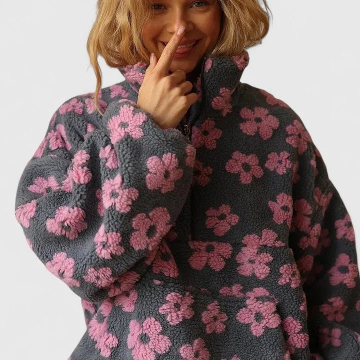 Women's Long-Sleeve Floral Teddy Jacket with Half-Zip Collar
