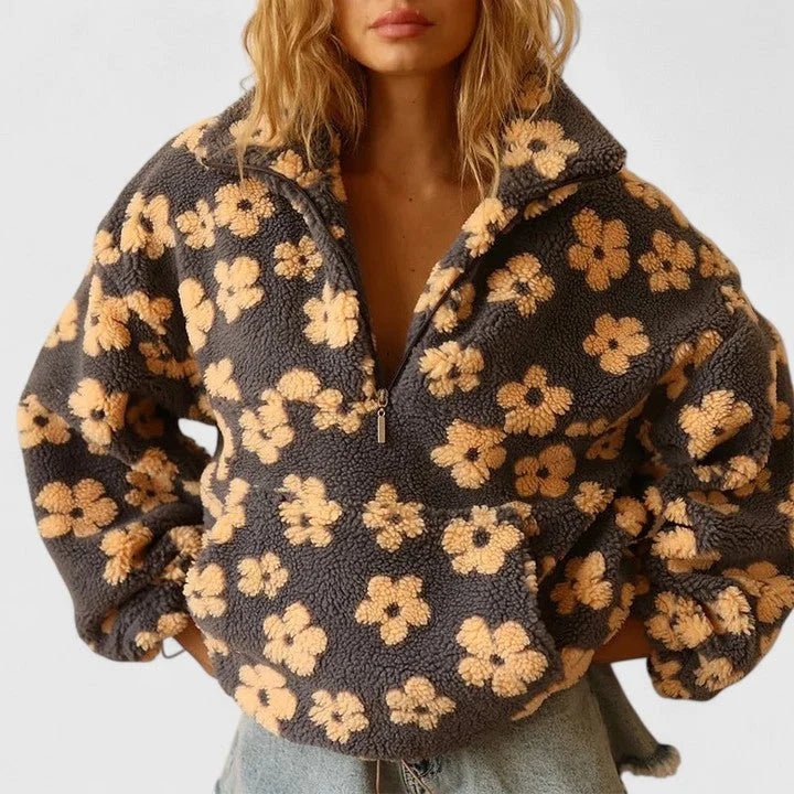 Women's Long-Sleeve Floral Teddy Jacket with Half-Zip Collar - Yellow