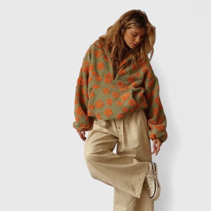 Women's Long-Sleeve Floral Teddy Jacket with Half-Zip Collar