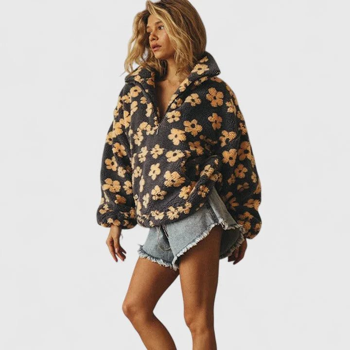 Women's Long-Sleeve Floral Teddy Jacket with Half-Zip Collar