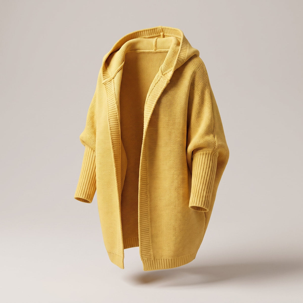 Women's Oversized-Hood Open Cardigan with Knee-Length Cut - Yellow