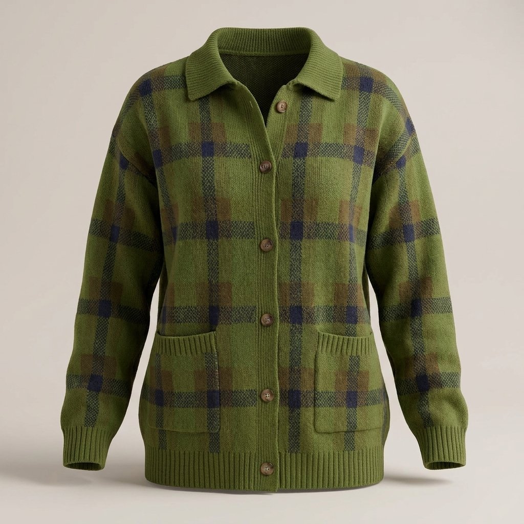 Women's Relaxed Collared Sweater in Retro Check Knit - Green