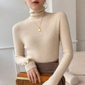 Women's Slim Stretch Turtleneck Sweater with Structured Collar - Beige