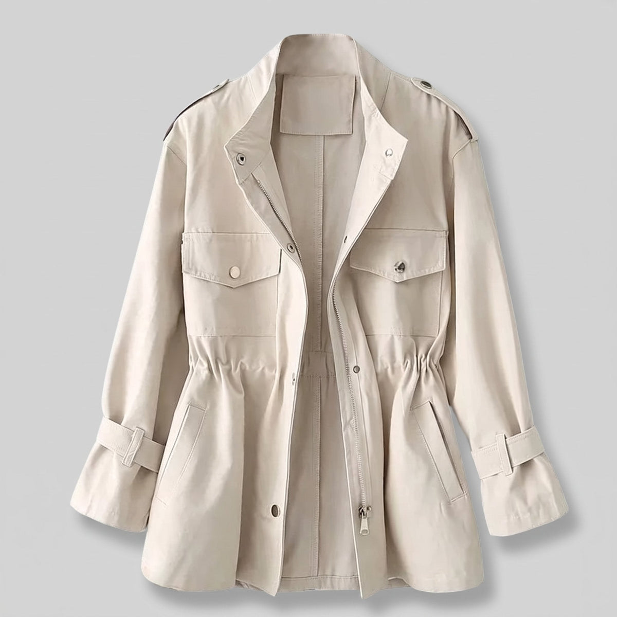 Women's Belted Double-Breasted Wool-Style Coat for Office and Weekend - Cream