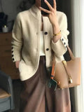 Women's Office Stand-Collar Cardigan with Contrast Buttons - Beige