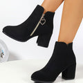 Women's Suede-Look Round-Toe Booties with Heart Zipper Pull - Black