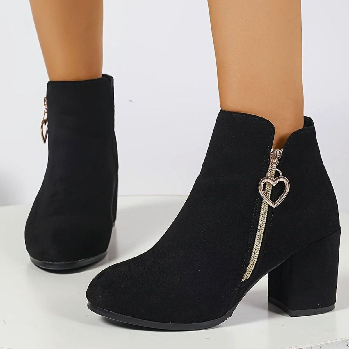 Women's Suede-Look Round-Toe Booties with Heart Zipper Pull