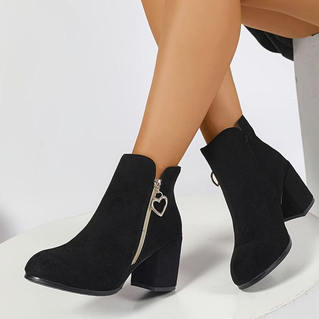 Women's Suede-Look Round-Toe Booties with Heart Zipper Pull