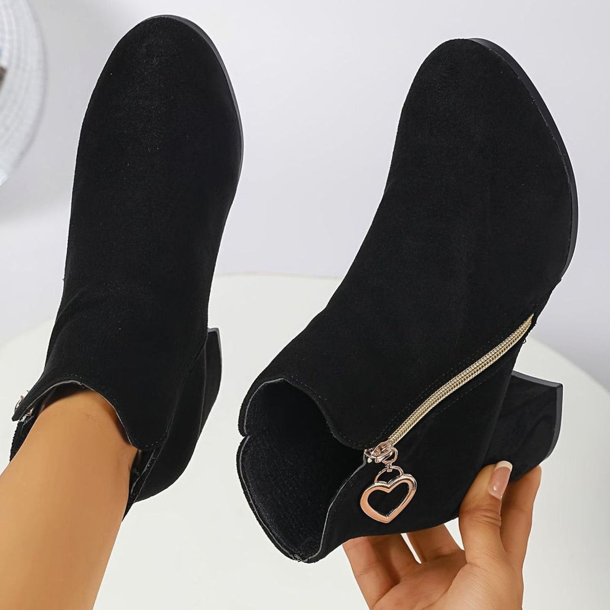 Women's Suede-Look Round-Toe Booties with Heart Zipper Pull