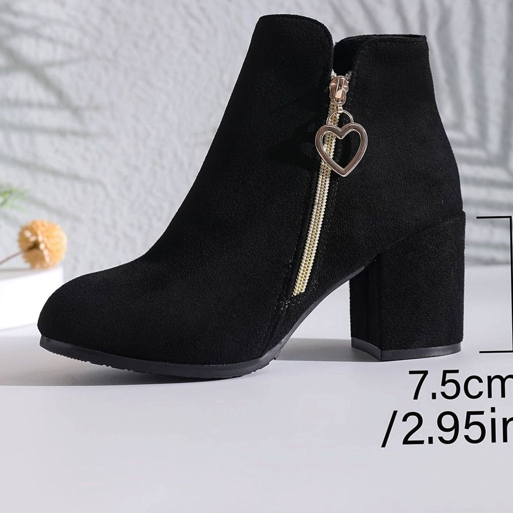 Women's Suede-Look Round-Toe Booties with Heart Zipper Pull