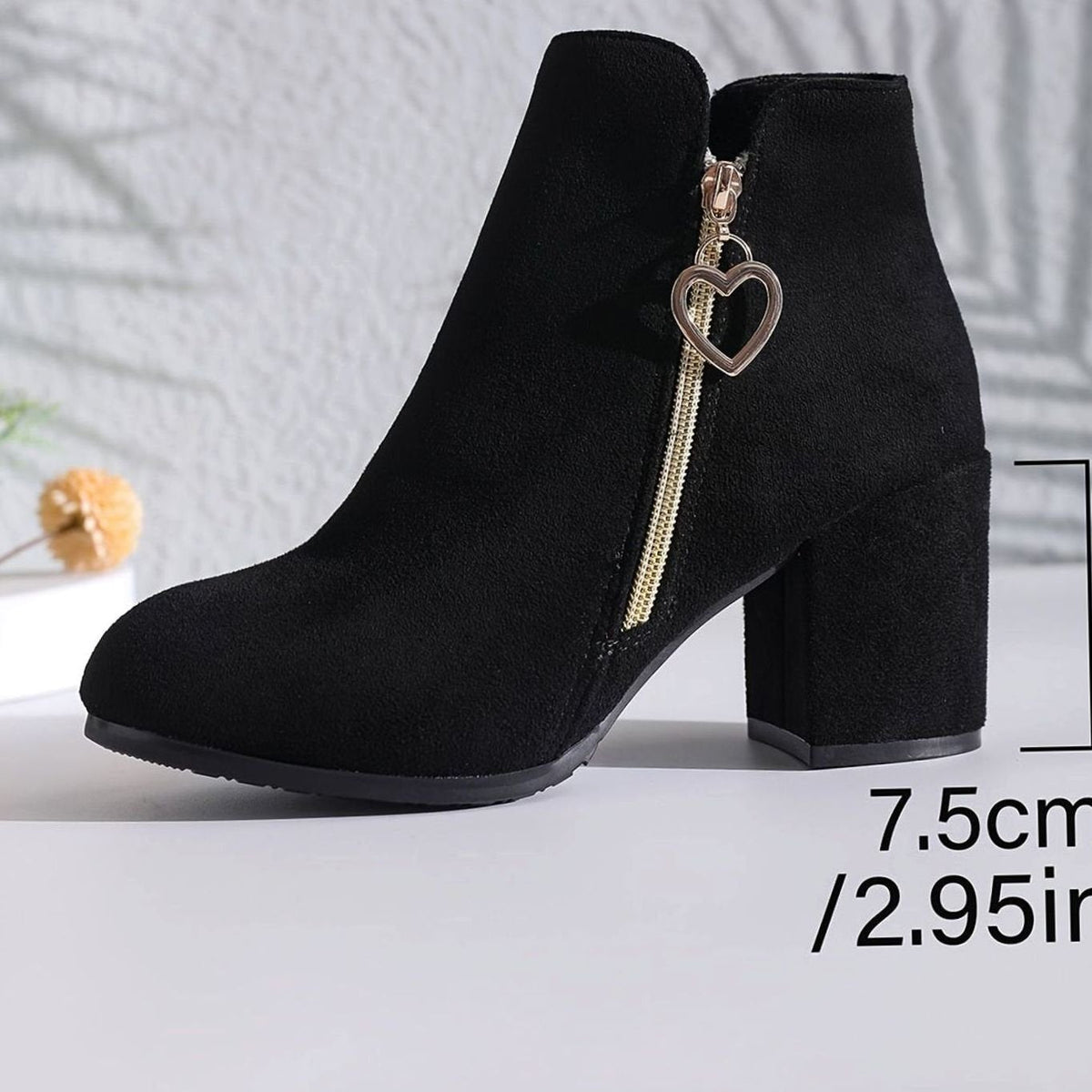Women's Suede-Look Round-Toe Booties with Heart Zipper Pull