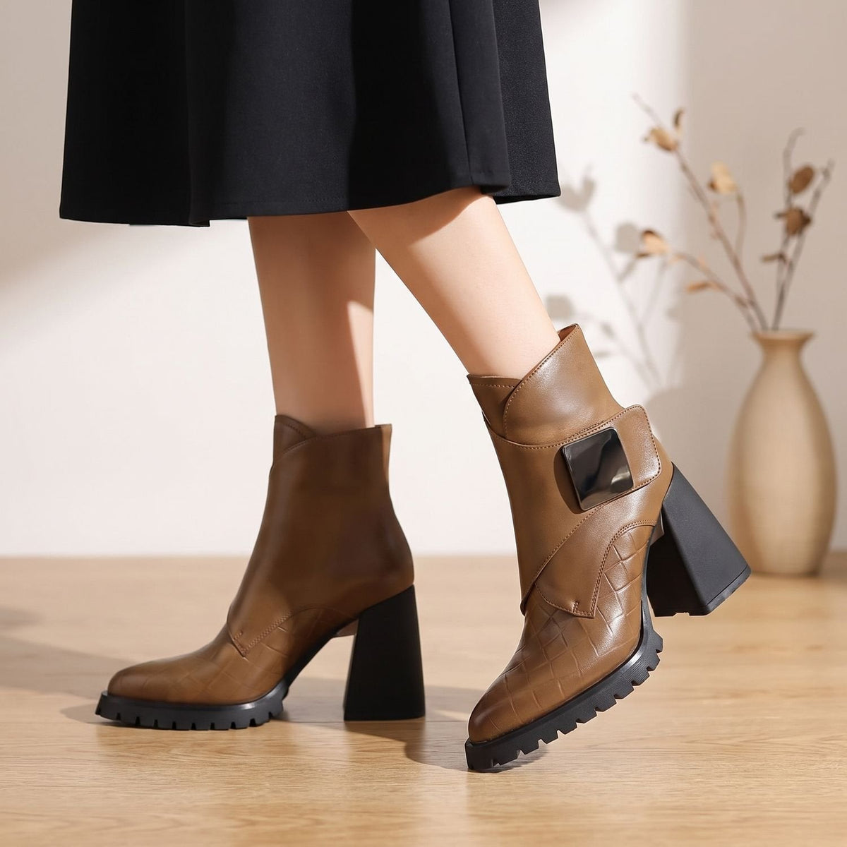 Women's Arch Support Lug Sole Chelsea Booties with Buckle Accent - Khaki