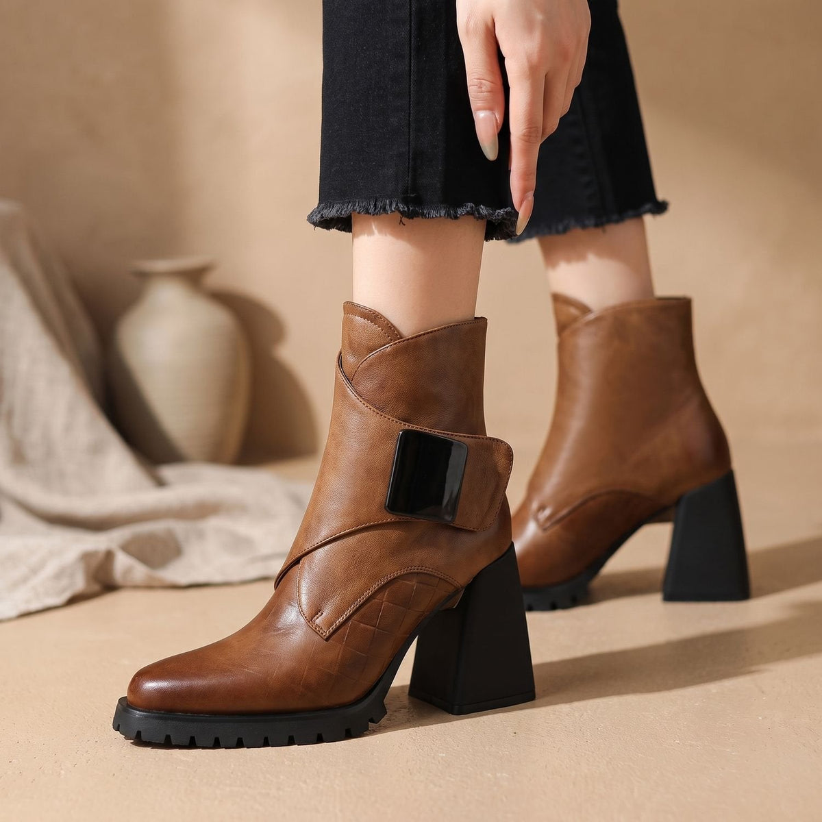 Women's Arch Support Lug Sole Chelsea Booties with Buckle Accent