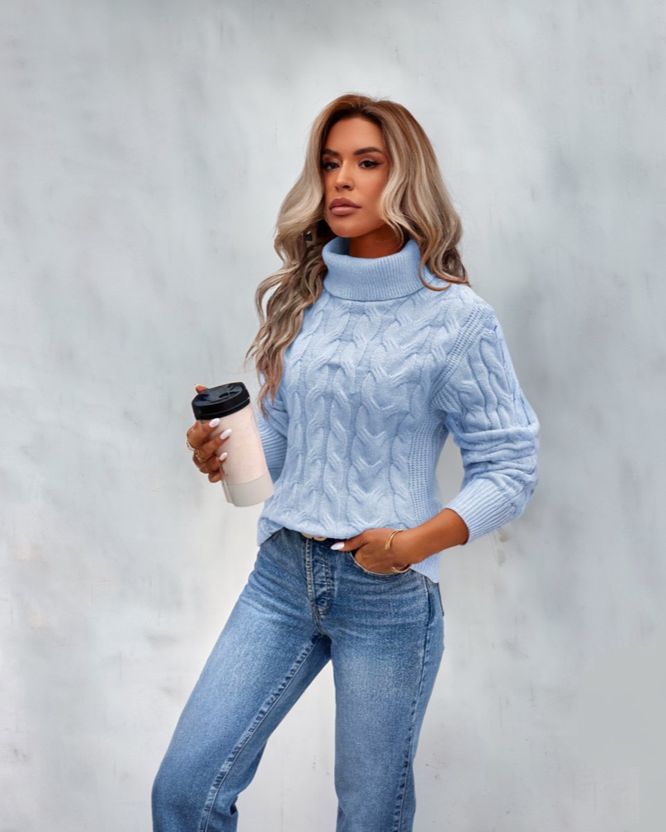 Women's Smart-Casual Chunky Cable Turtleneck Sweater - Blue
