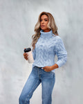 Women's Smart-Casual Chunky Cable Turtleneck Sweater - Blue