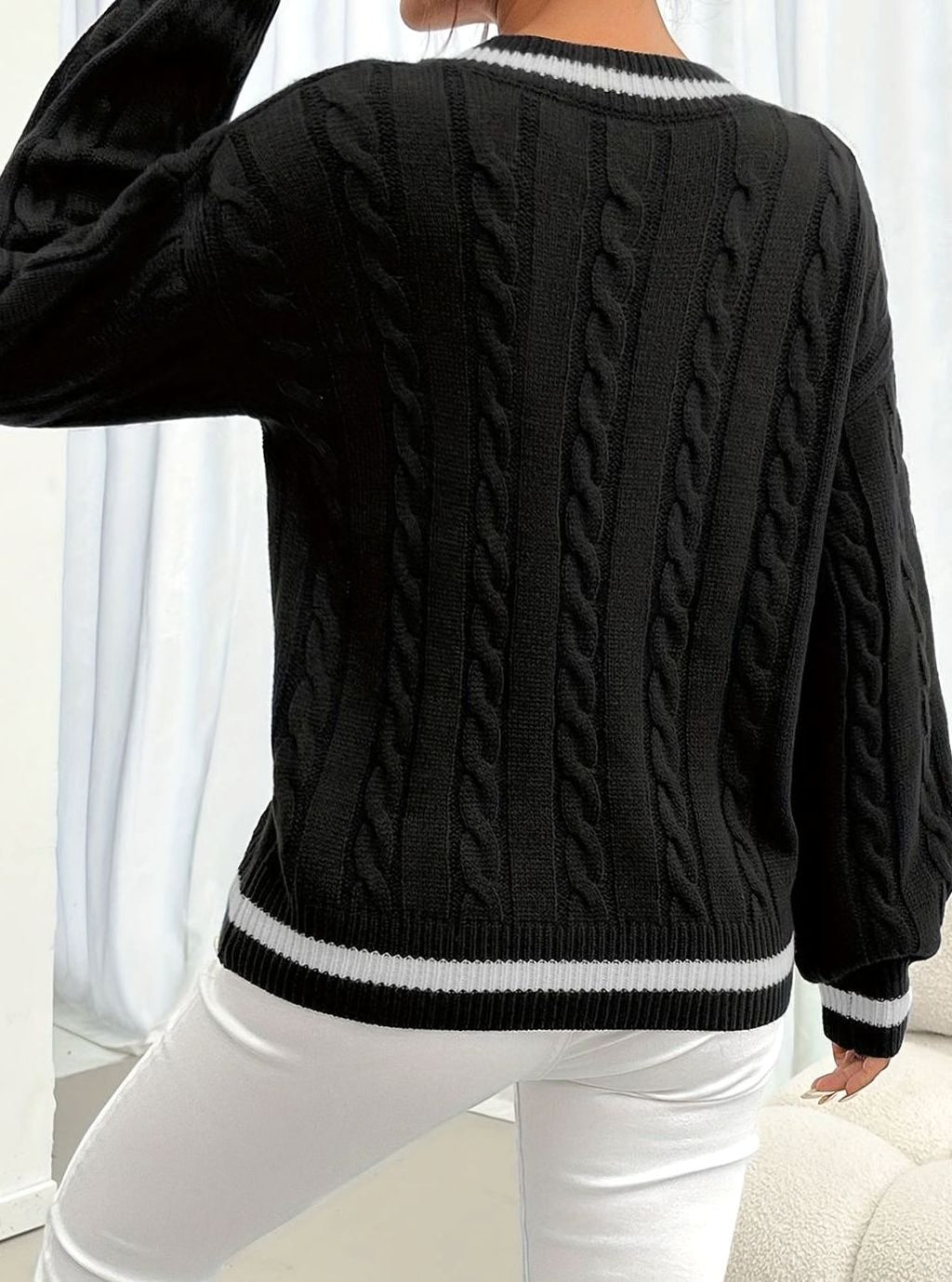 Women's Relaxed V-Neck Cable-Knit Sweater with Striped Neckline
