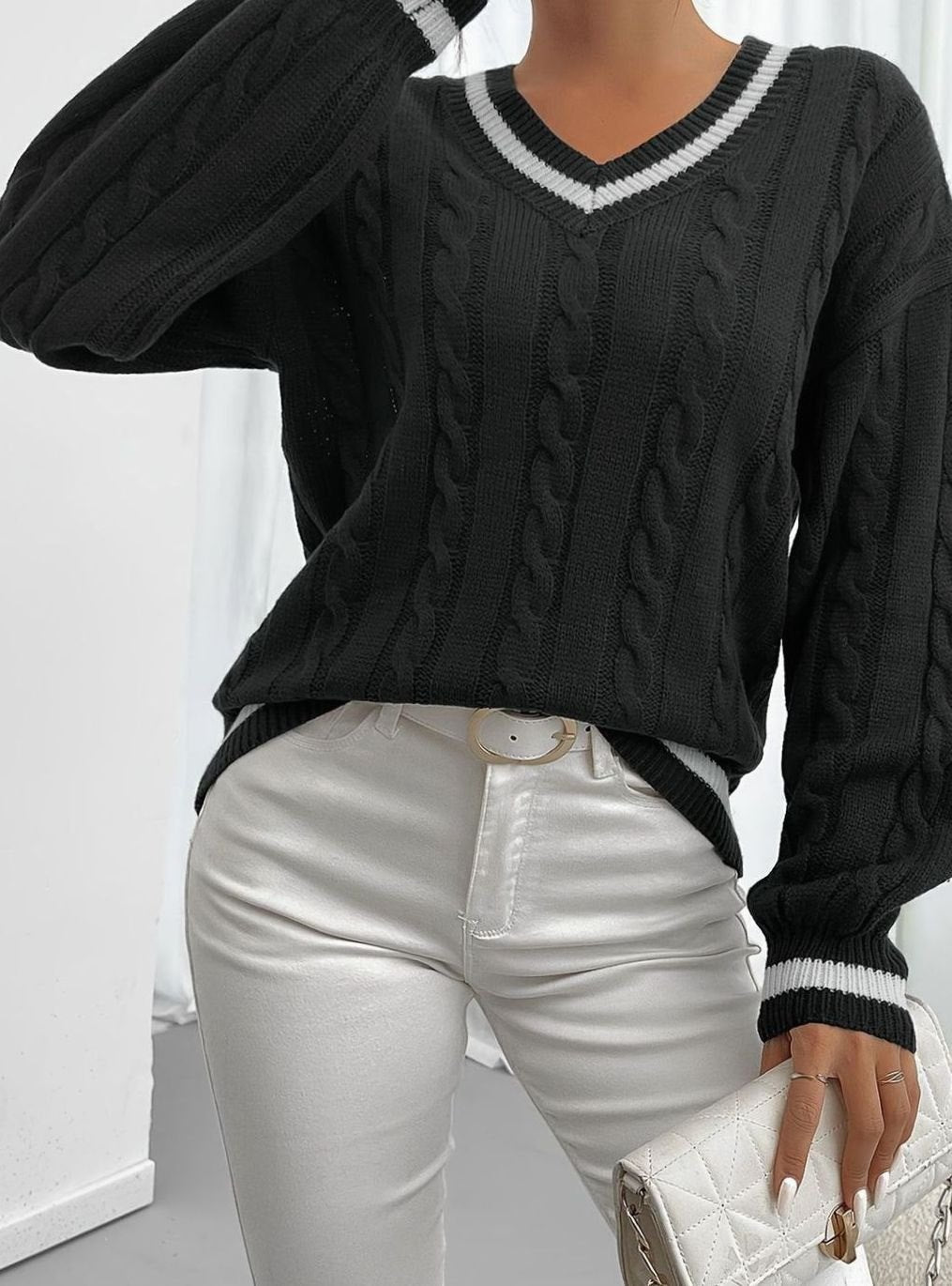 Women's Relaxed V-Neck Cable-Knit Sweater with Striped Neckline