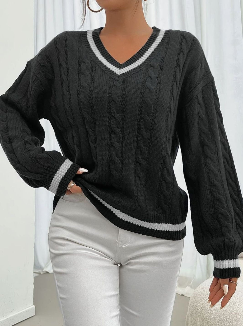 Women's Relaxed V-Neck Cable-Knit Sweater with Striped Neckline