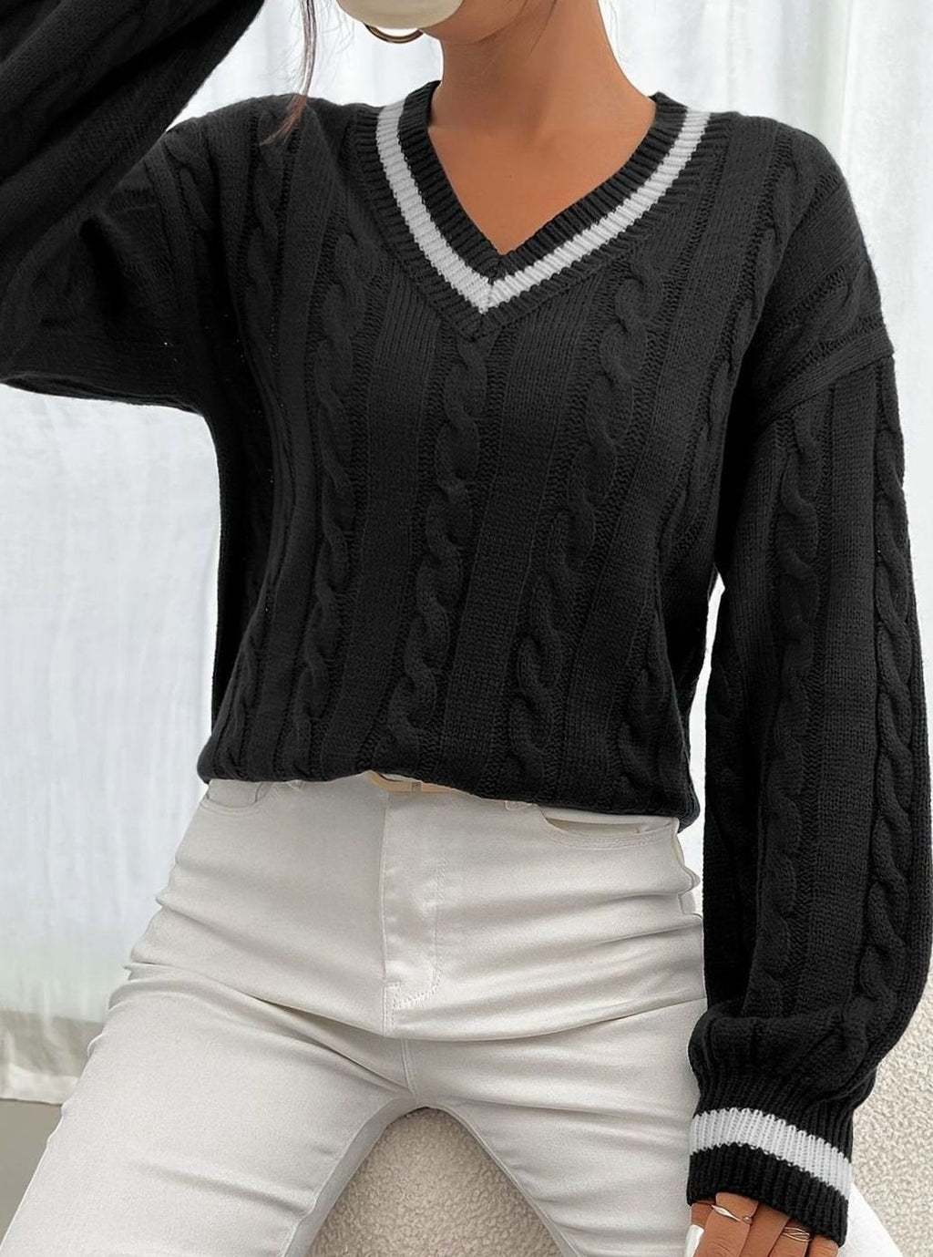 Women's Relaxed V-Neck Cable-Knit Sweater with Striped Neckline