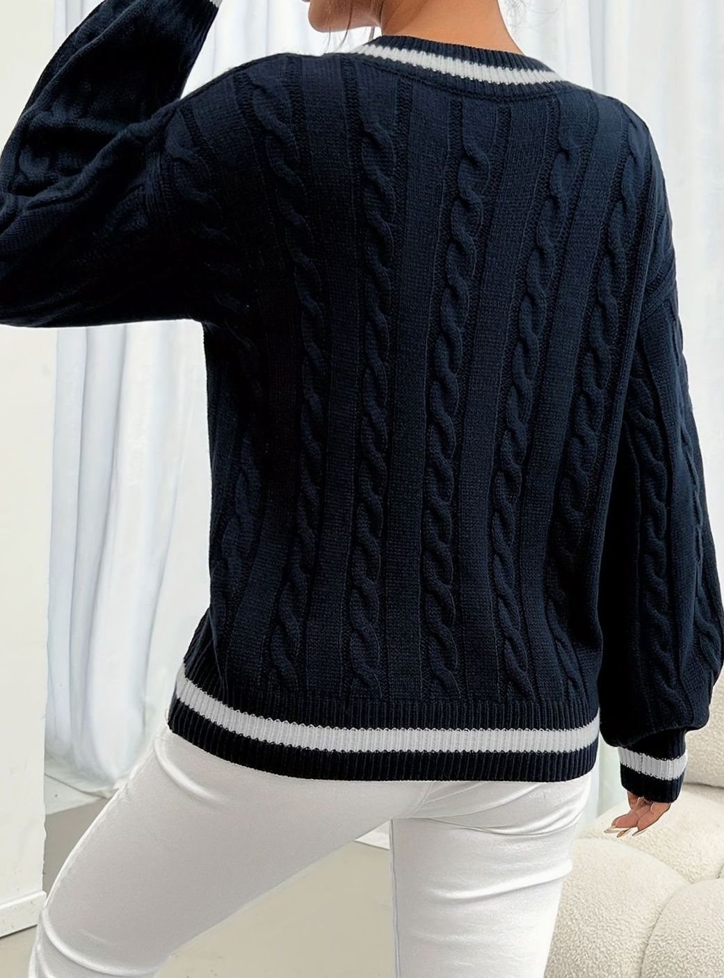 Women's Relaxed V-Neck Cable-Knit Sweater with Striped Neckline