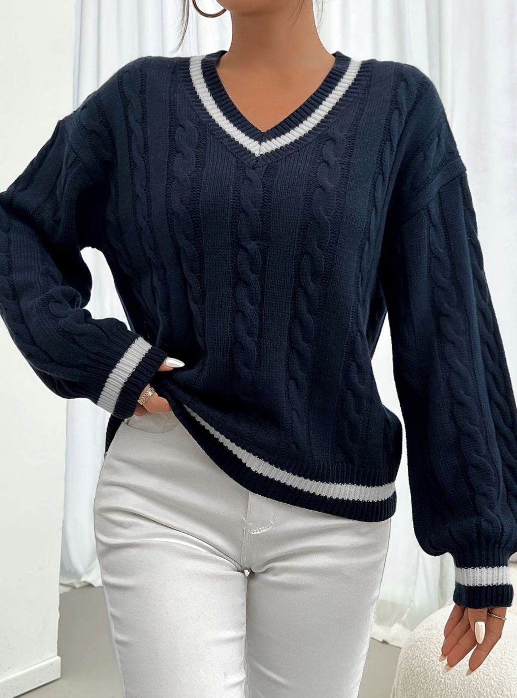 Women's Relaxed V-Neck Cable-Knit Sweater with Striped Neckline