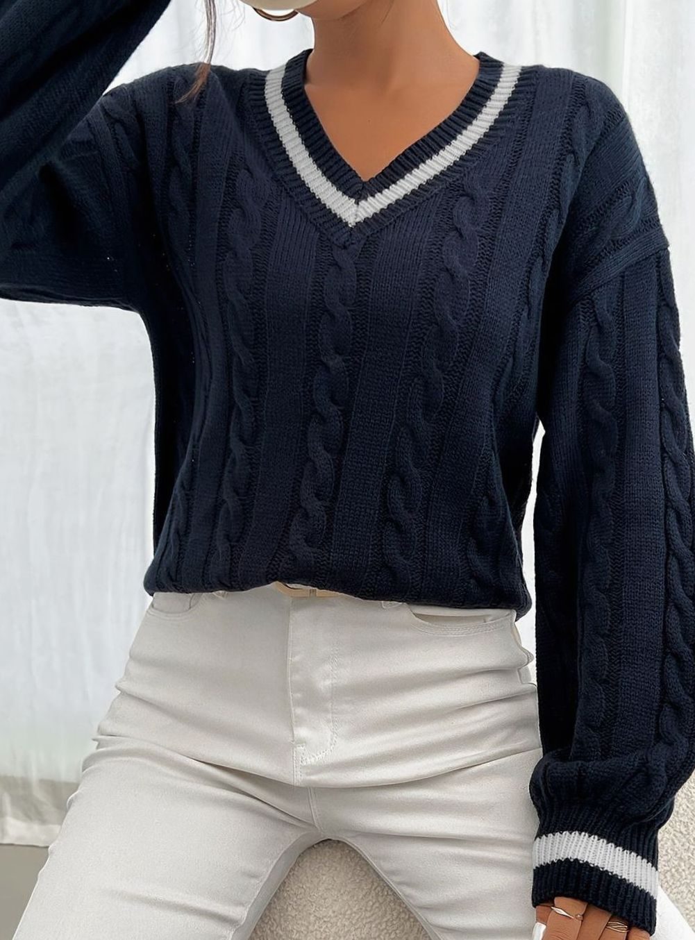 Women's Relaxed V-Neck Cable-Knit Sweater with Striped Neckline