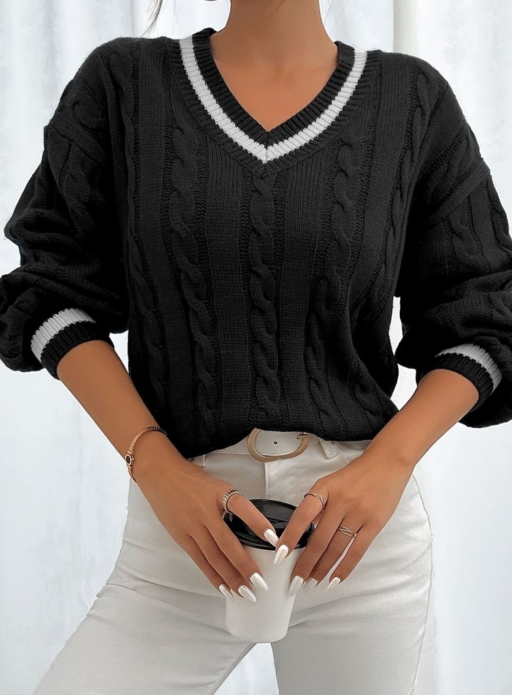 Women's Relaxed V-Neck Cable-Knit Sweater with Striped Neckline