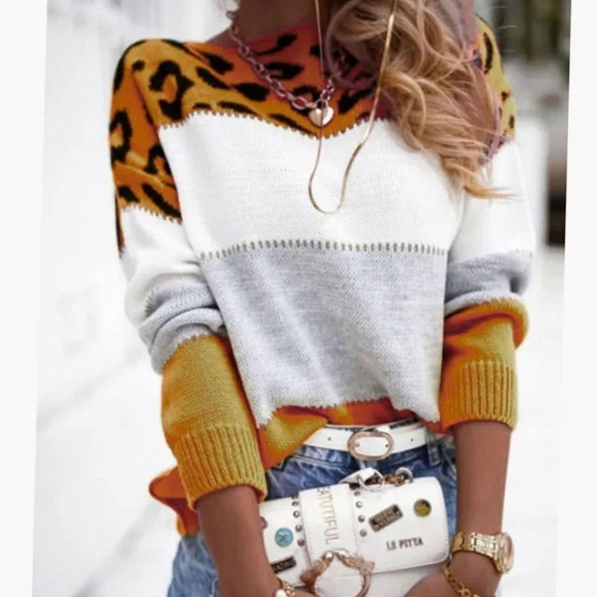 Women's Leopard Yoke Turtleneck Sweater with Striped Panels