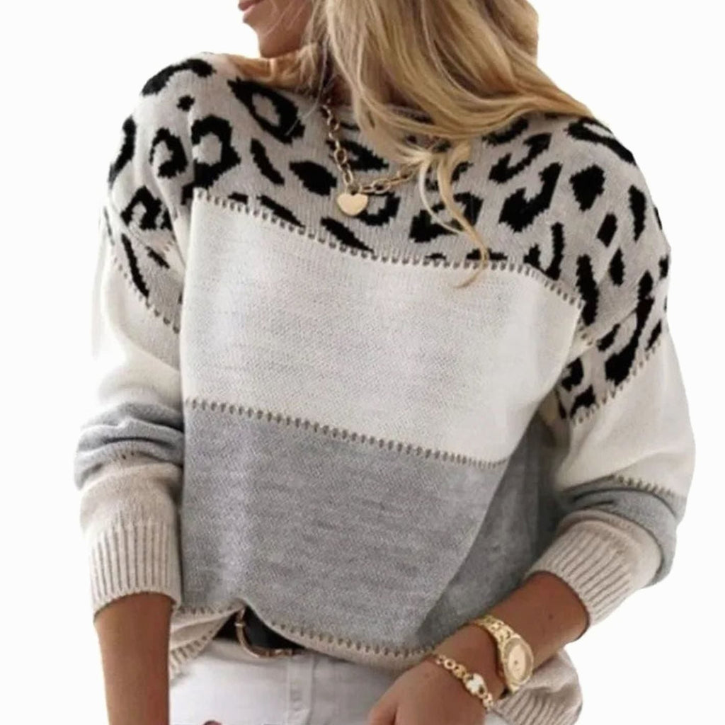 Women's Leopard Yoke Turtleneck Sweater with Striped Panels