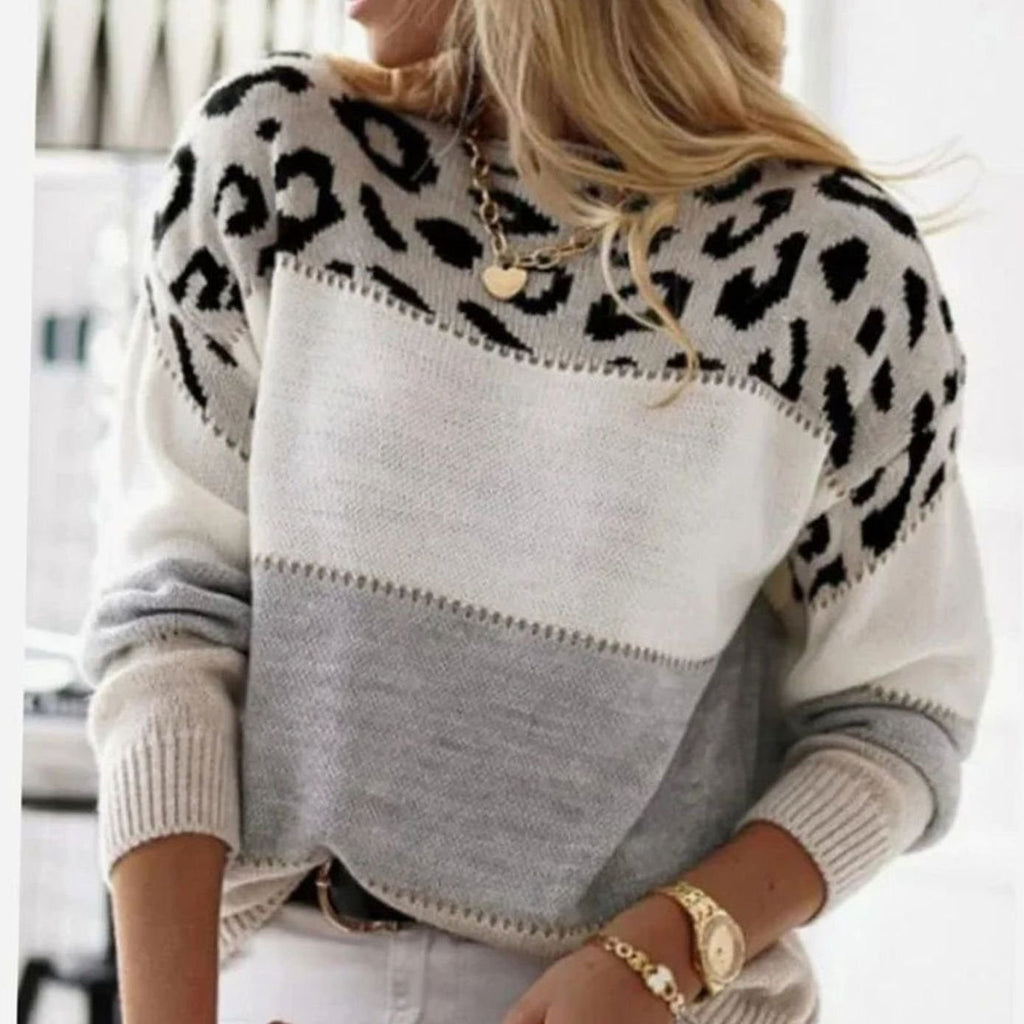 Women's Leopard Yoke Turtleneck Sweater with Striped Panels - Gray