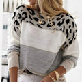 Women's Leopard Yoke Turtleneck Sweater with Striped Panels - Gray