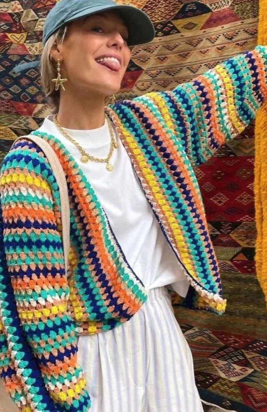 Women's Oversized Chunky Crochet Cardigan with Bright Stripes - Rainbow Stripes