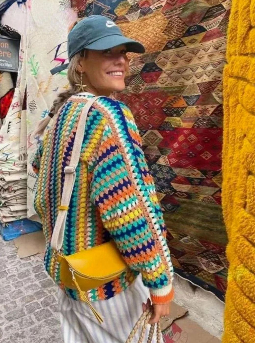 Women's Oversized Chunky Crochet Cardigan with Bright Stripes