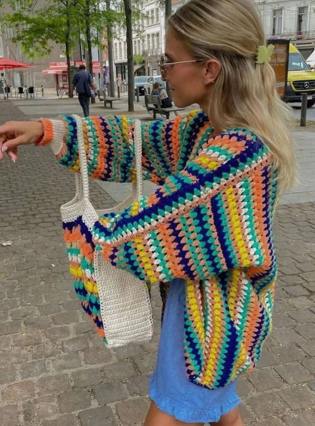 Women's Oversized Chunky Crochet Cardigan with Bright Stripes