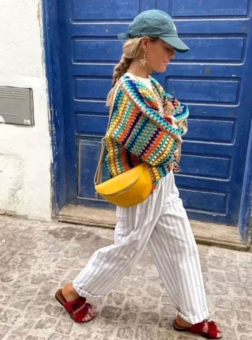 Women's Oversized Chunky Crochet Cardigan with Bright Stripes
