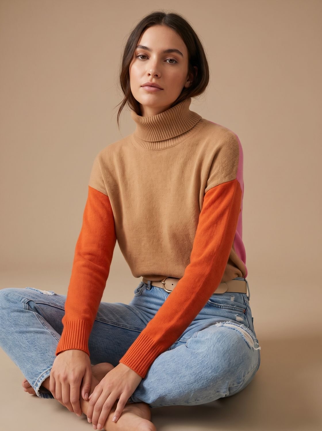 Women's Block-Panel Turtleneck Sweater with Tall Rolled Collar