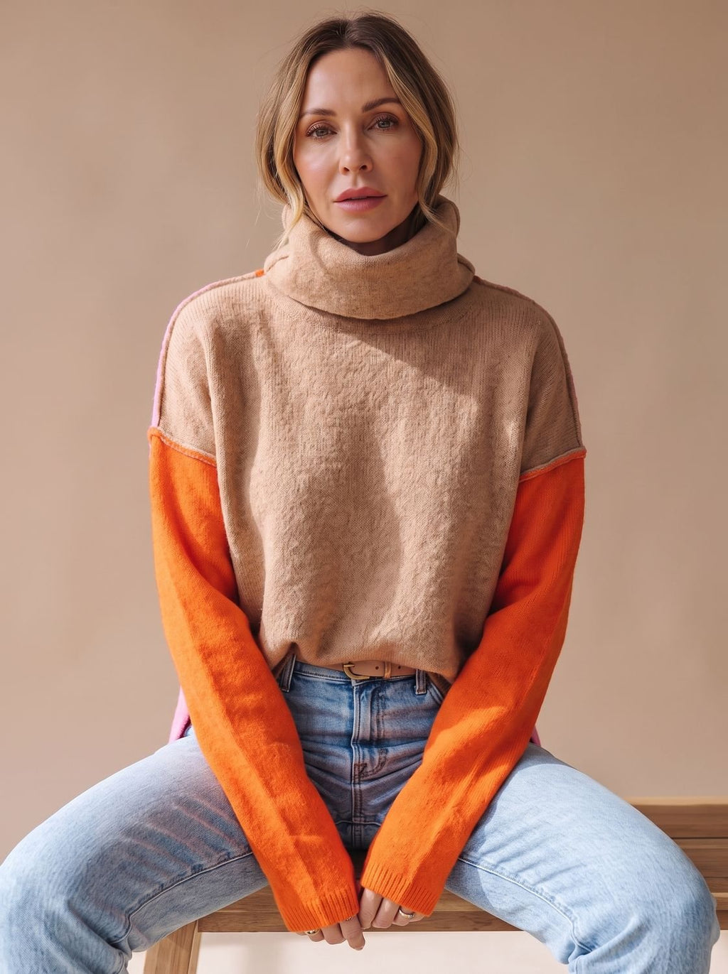 Women's Block-Panel Turtleneck Sweater with Tall Rolled Collar