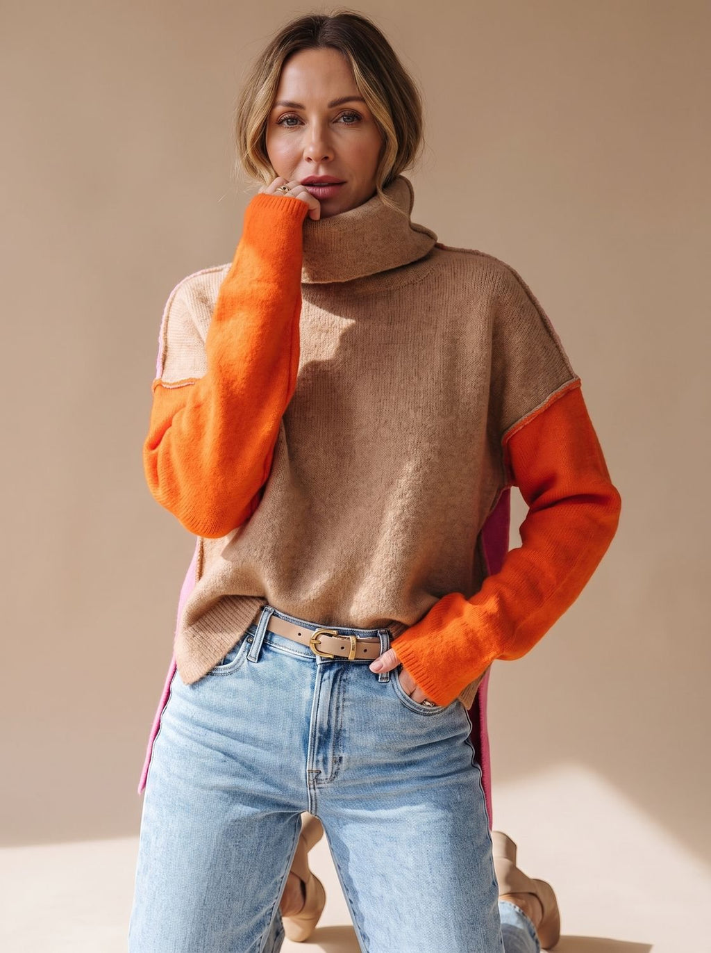 Women's Block-Panel Turtleneck Sweater with Tall Rolled Collar