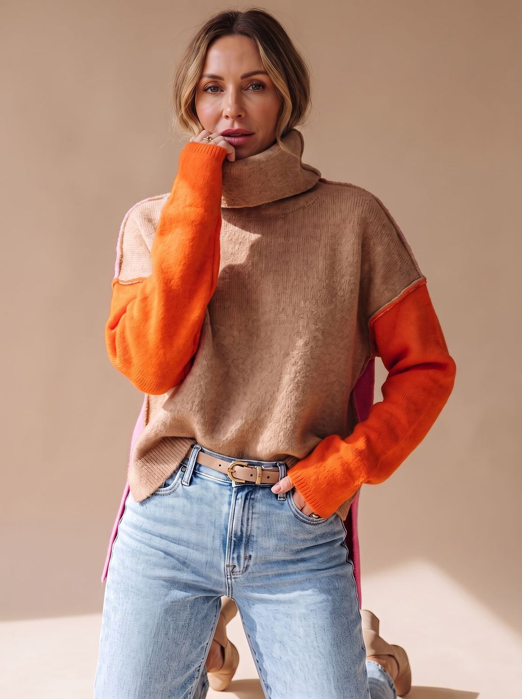 Women's Block-Panel Turtleneck Sweater with Tall Rolled Collar