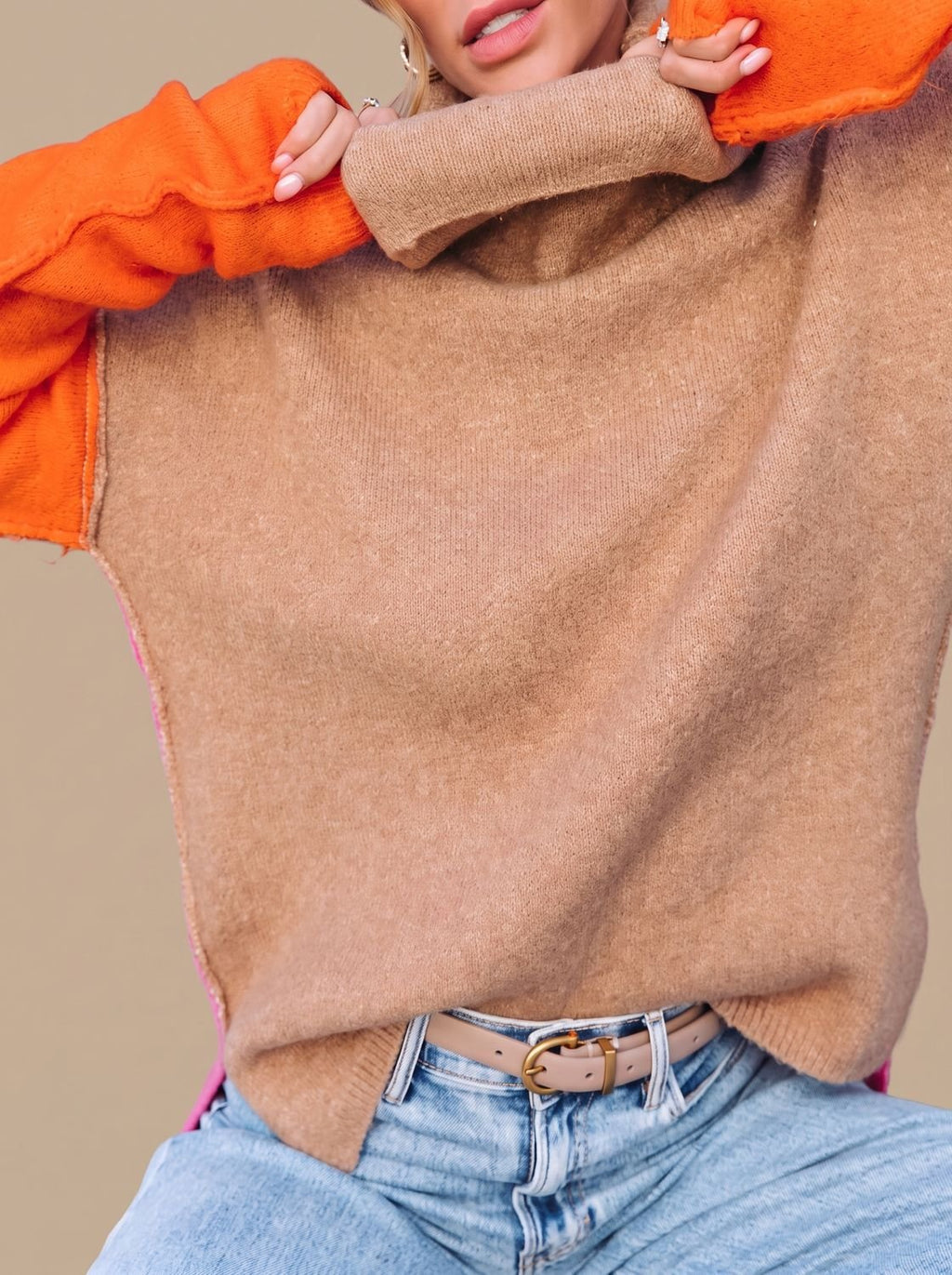 Women's Block-Panel Turtleneck Sweater with Tall Rolled Collar