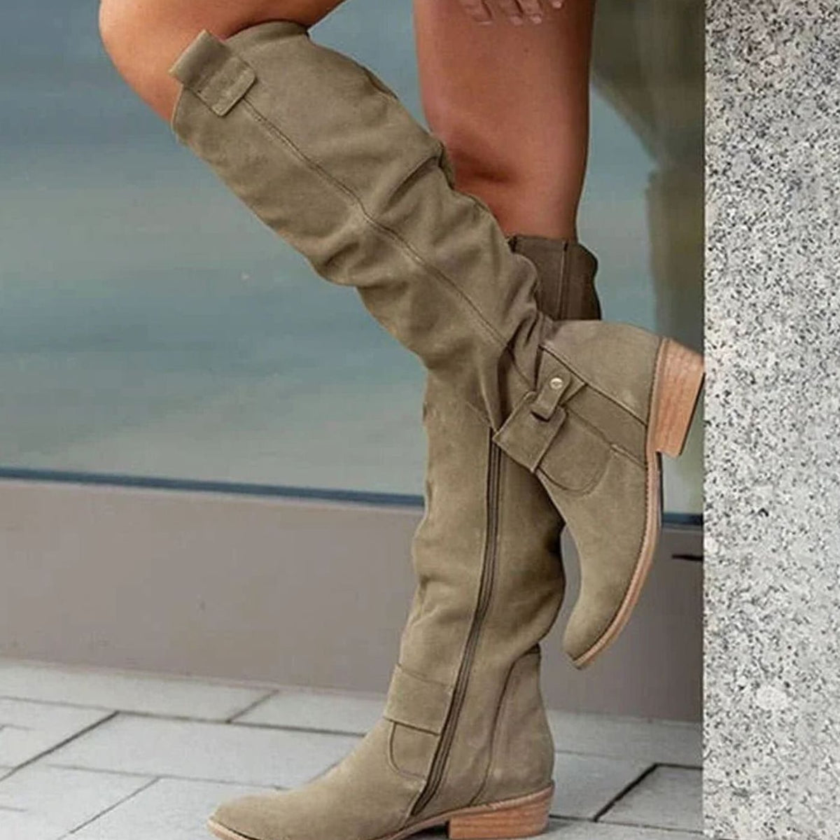 Women's Buckle-Strap Slouchy Boots with Suede-Look Finish