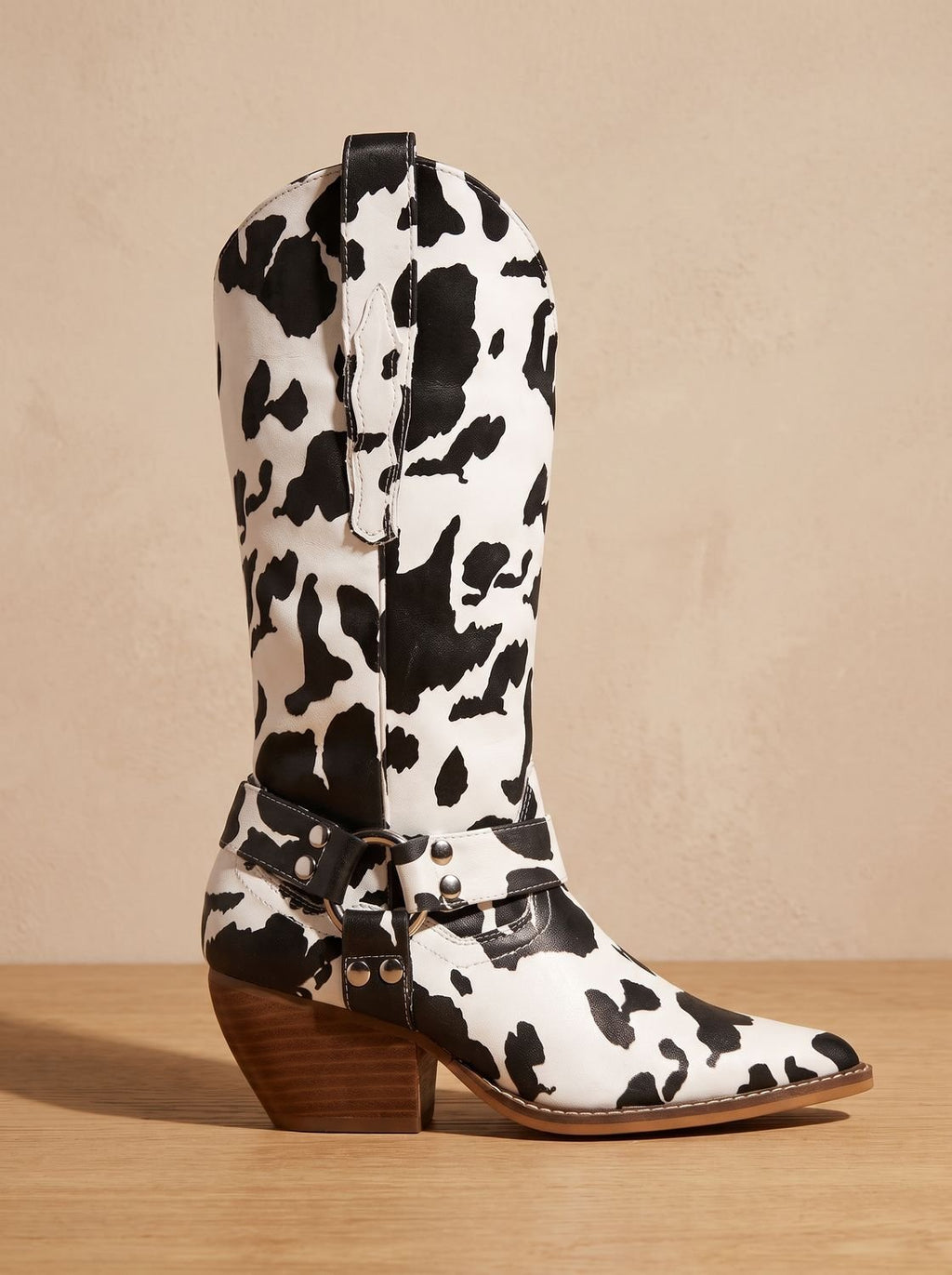 Women's Cow Print Pointed-Toe Boots with Stacked Block Heel