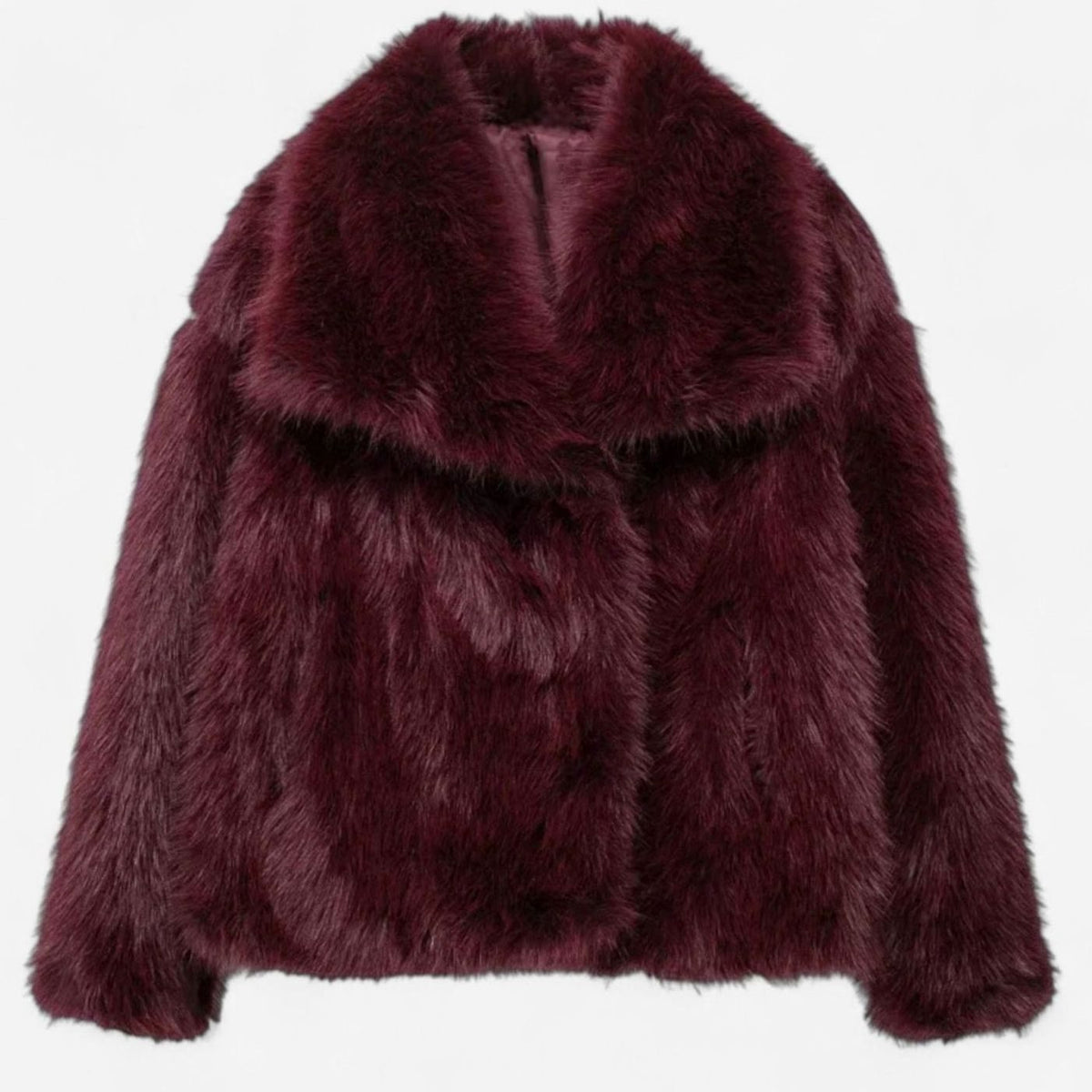 Women's Short Plush Faux Fur Jacket with Face-Framing Collar - Burgundy