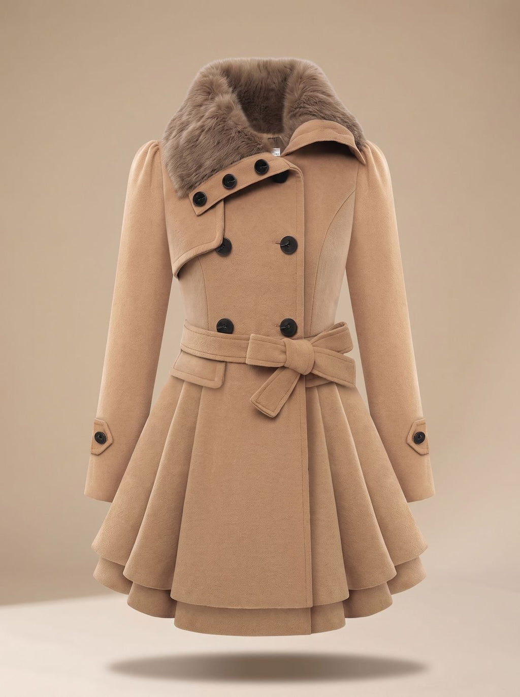 Women's Bow-Tie Waist Wool-Blend Coat with Flared Layered Hem - Beige
